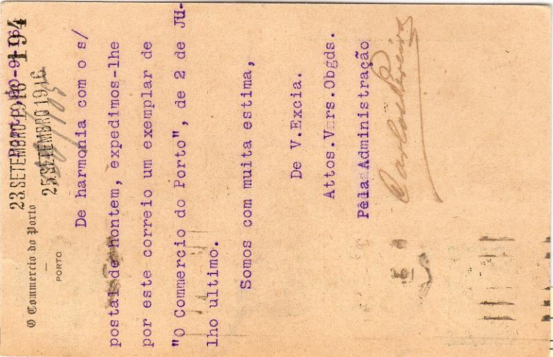 0383 v.jpg -     Lote:    383 (verso)                   Descrição:         1912 &mdash; Ceres. OM59, 1c verde-escuro. Circulado do Porto (21.09.16) para Lisboa (22.09.16). Repicado no verso por ""O COMÉRCIO DO PORTO". B e R.        IC       Valor Base:     &euro; 12,00     Valor Venda:     &euro;      